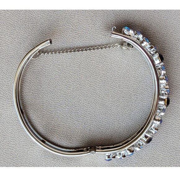Vintage LISNER Silver Tone Blue Rhinestones AB Hinged Cuff Bracelet 6 3/4" - Picture 7 of 8